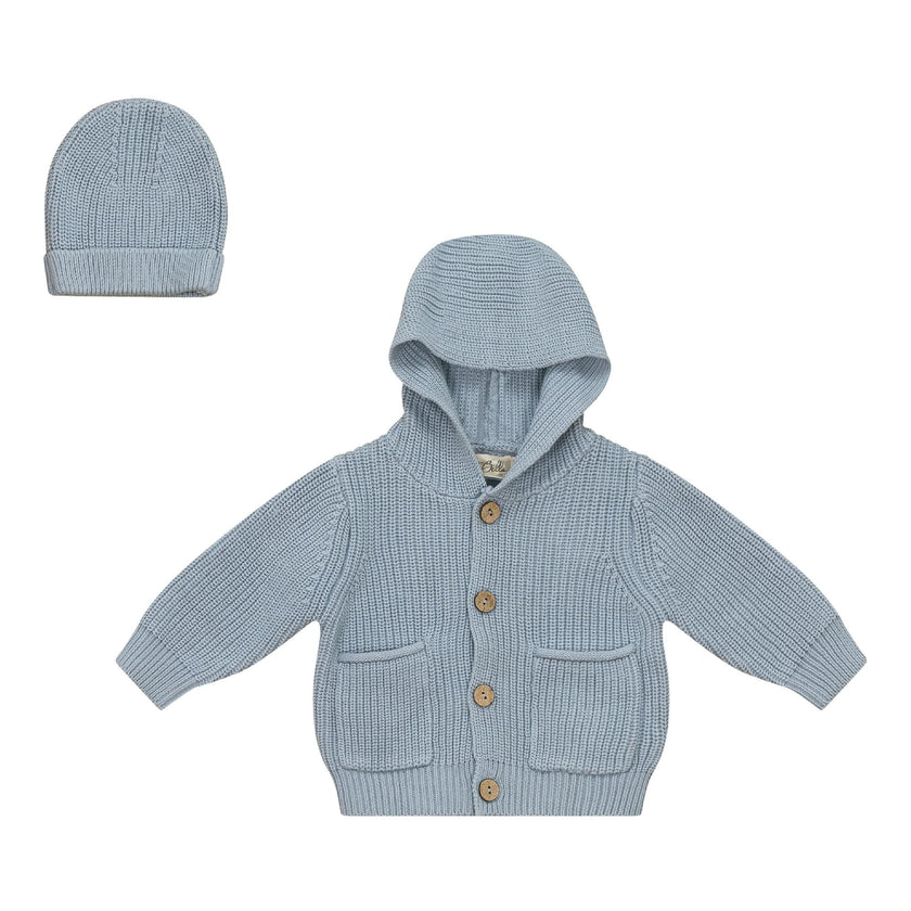Hooded Ribbed Button Front Jacket and Hat Two Piece Set