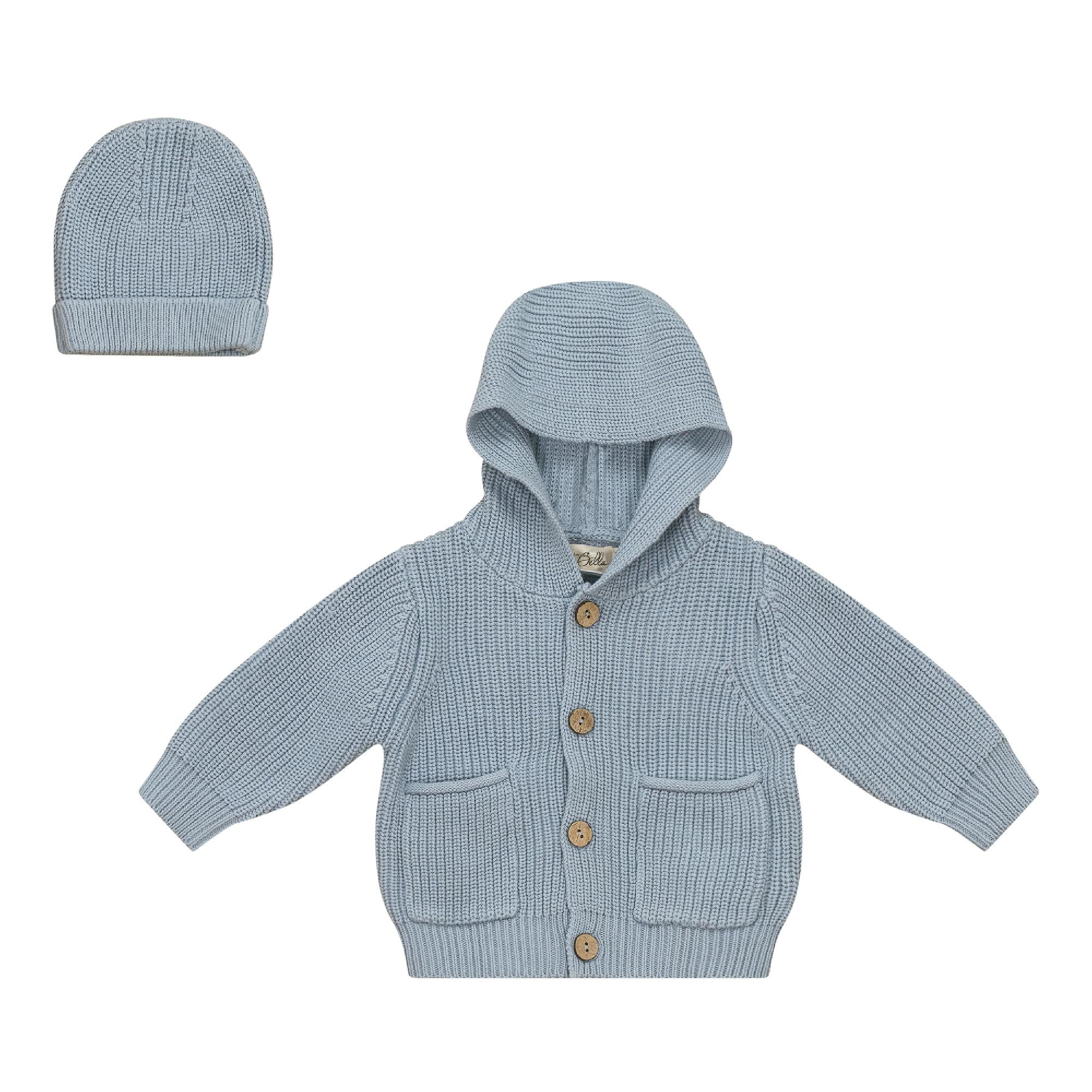 Hooded Ribbed Button Front Jacket and Hat Two Piece Set