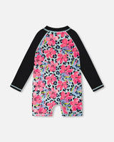 One-Piece Long Sleeve Rashguard Blue Floral And Leopard Print