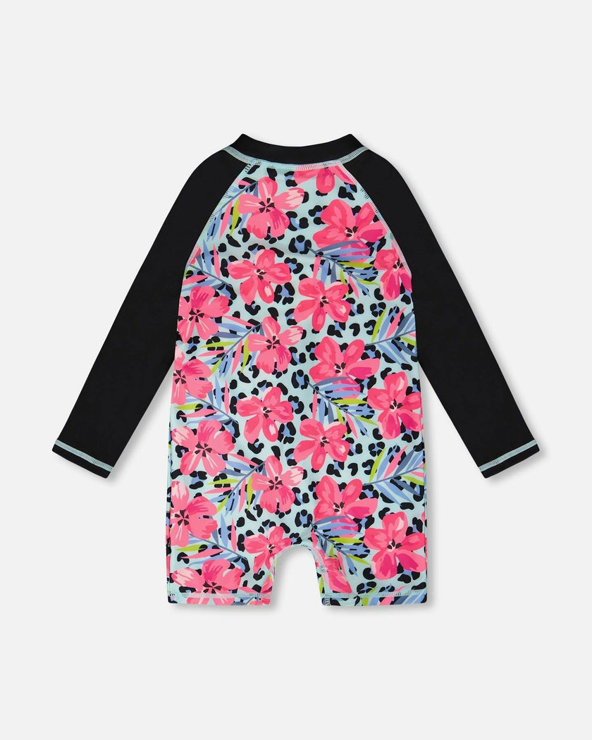 One-Piece Long Sleeve Rashguard Blue Floral And Leopard Print
