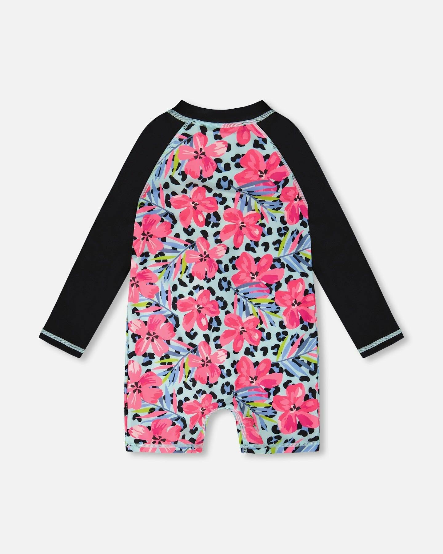 One-Piece Long Sleeve Rashguard Blue Floral And Leopard Print