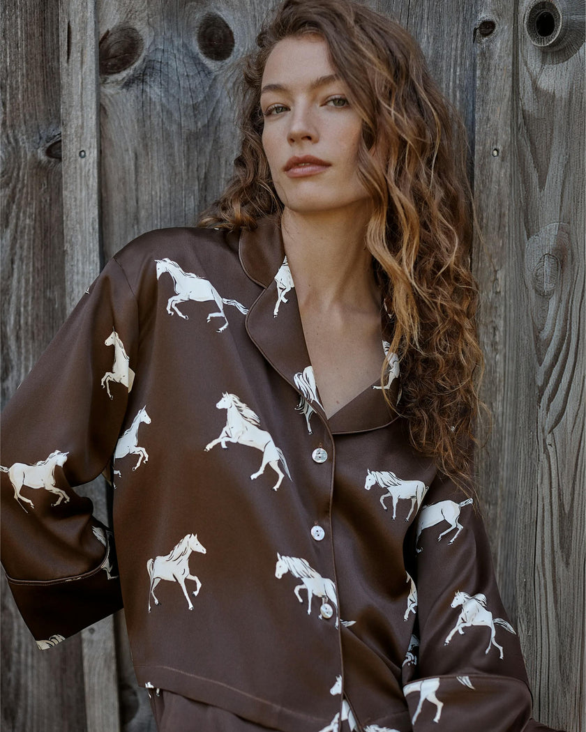 The Celine Silk Pajama Set in Highgrove Equestrian