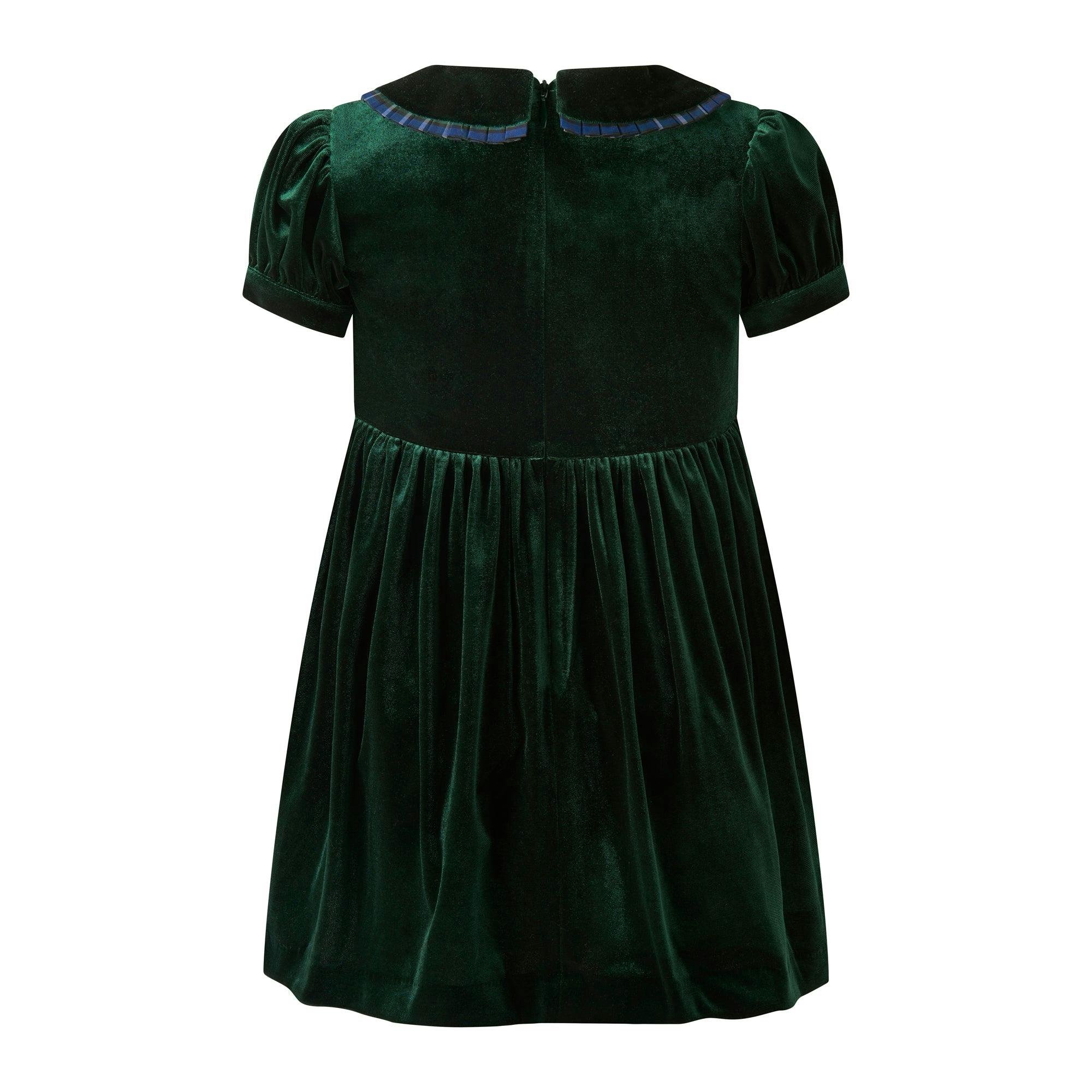 Green Velvet Tartan Trim Dress
