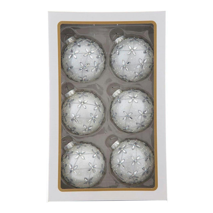 Kurt Adler 80MM Glass Silver Jeweled Ball Ornaments, 6-Piece Box
