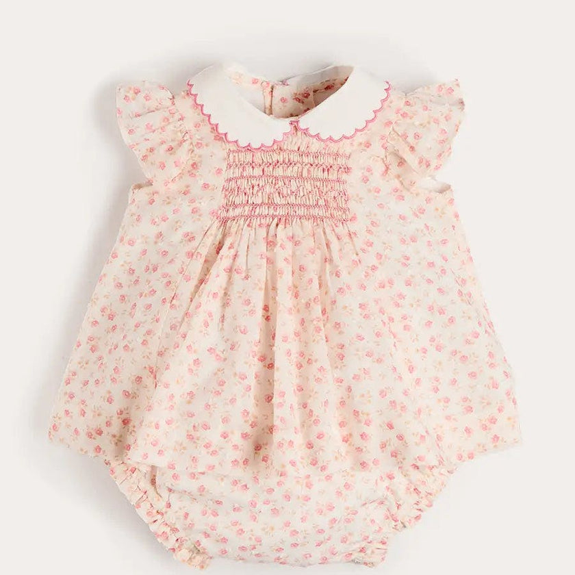 Martha Floral Hand Smocked Cap Sleeve Scallop Collar Dress in Pink (1-9mths)