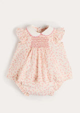 Martha Floral Hand Smocked Cap Sleeve Scallop Collar Dress in Pink (1-9mths)