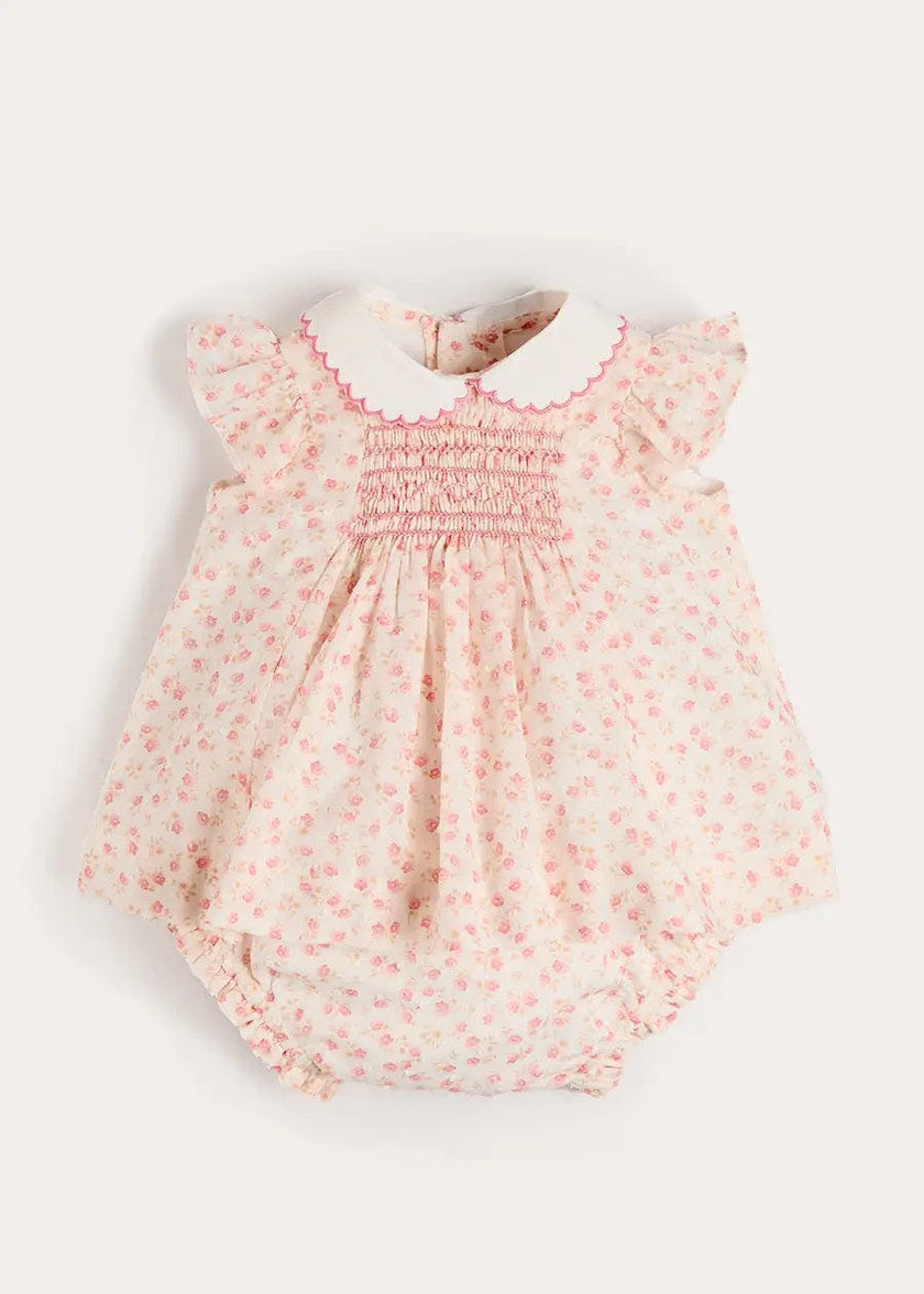 Martha Floral Hand Smocked Cap Sleeve Scallop Collar Dress in Pink (1-9mths)