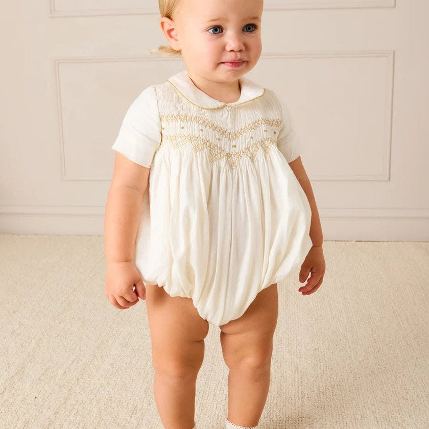 Hand Smocked Gold Embroidered Short Sleeve Romper in Ivory (3mths-2yrs)