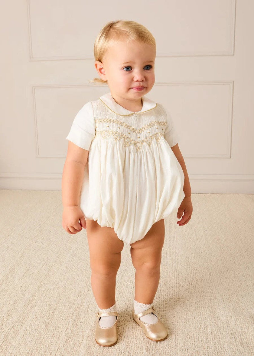 Hand Smocked Gold Embroidered Short Sleeve Romper in Ivory (3mths-2yrs)