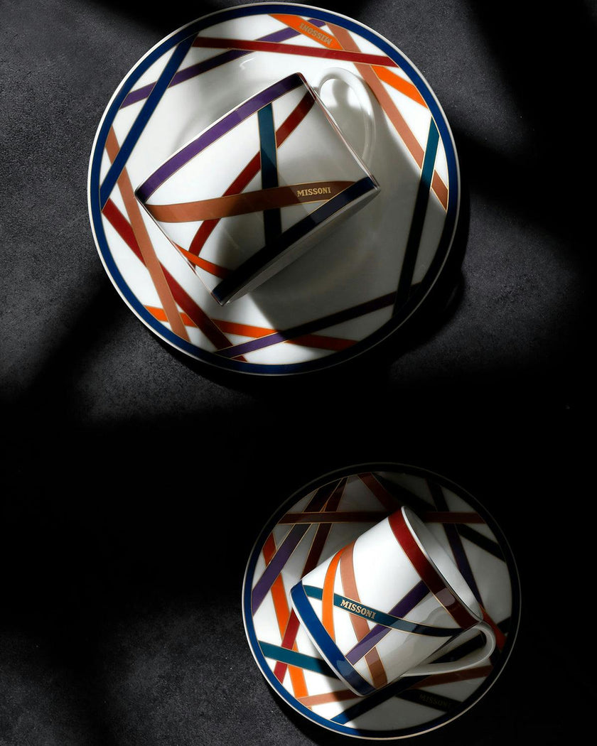 Tea Cup & Saucer NASTRI Set of 2 in Luxury Box Multicolor diam. 3.3", H 2.3", cap. 7.5 oz, Saucer dim. 6"