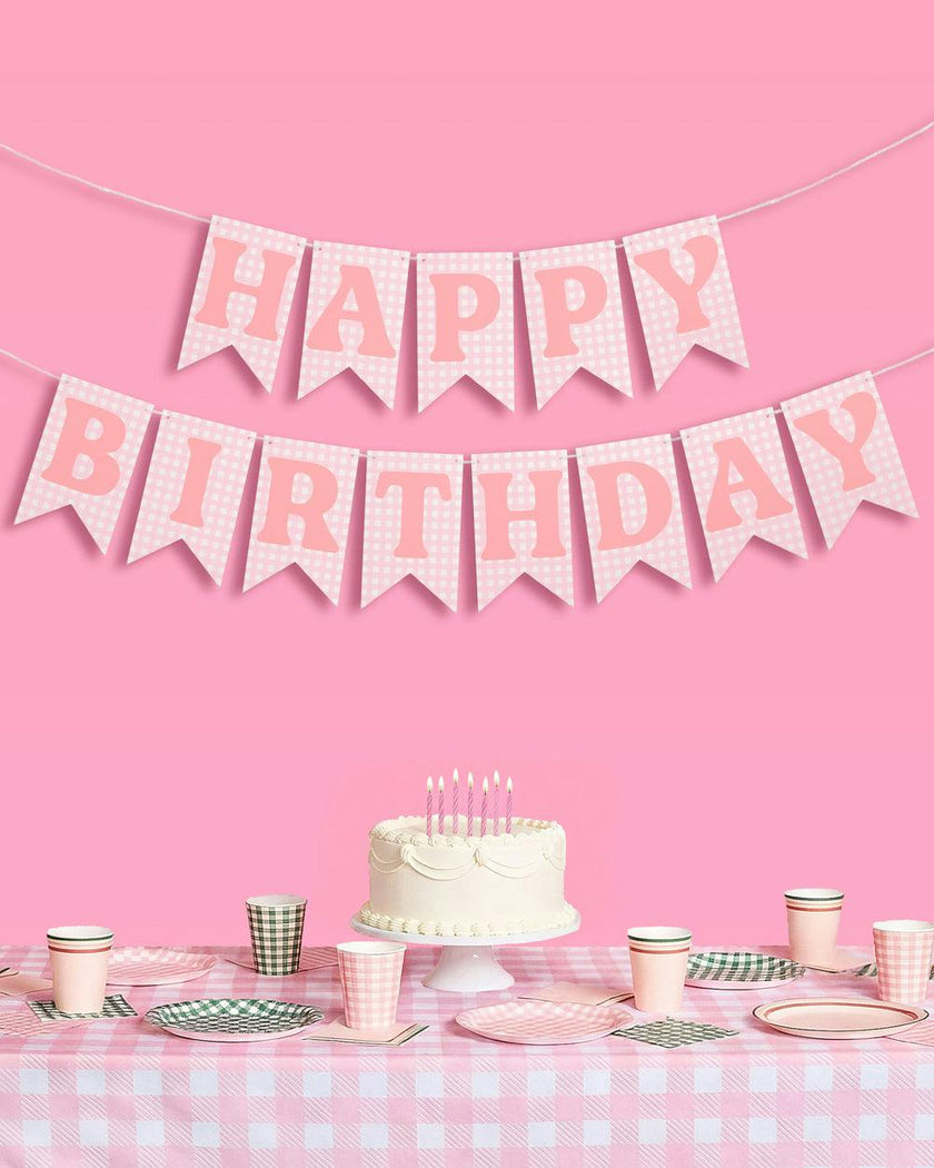 Gingham Birthday Banner - pre-strung banner