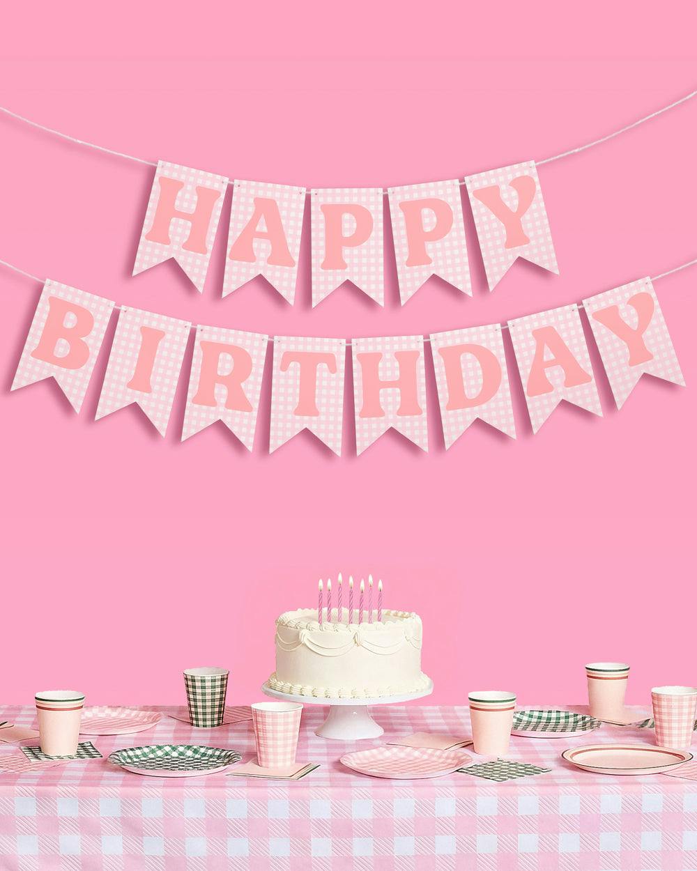 Gingham Birthday Banner - pre-strung banner