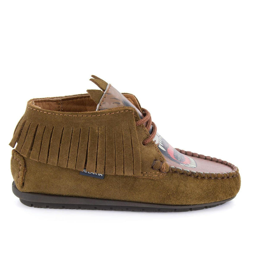 Fringed Moccasin Boot in suede leather, camel and print