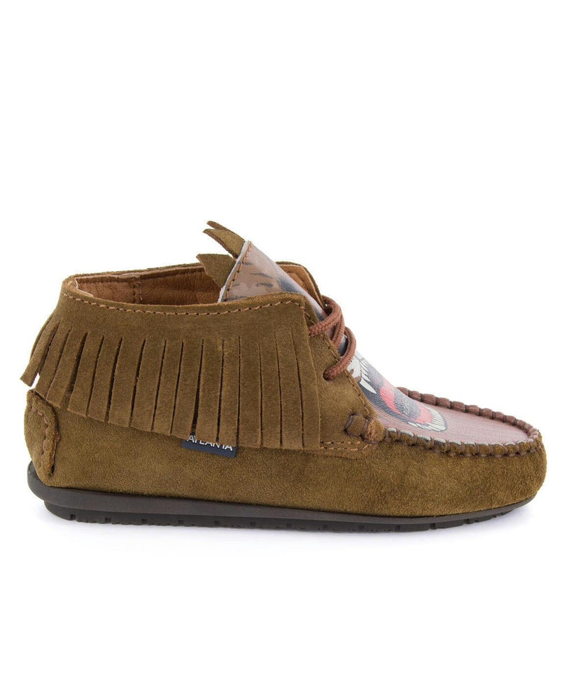 Fringed Moccasin Boot in suede leather, camel and print