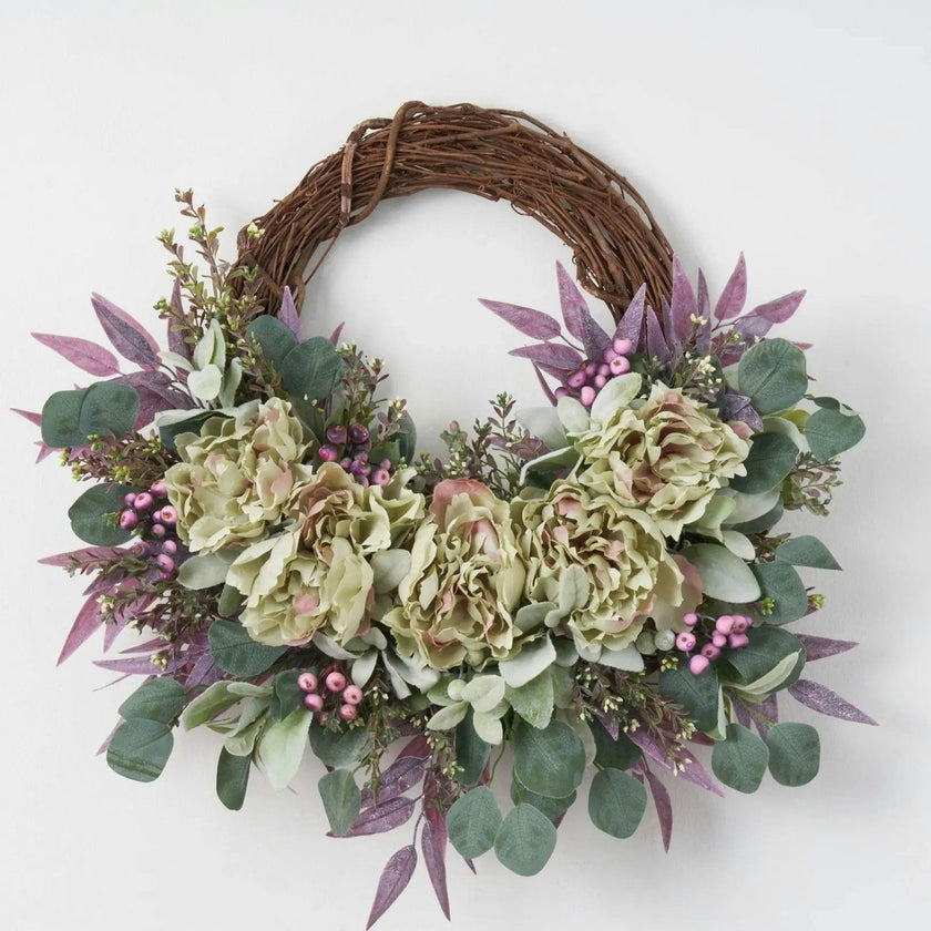 Purple Seeded Boxwood, Eucalyptus & Peony Spring Summer Front Door Wreath