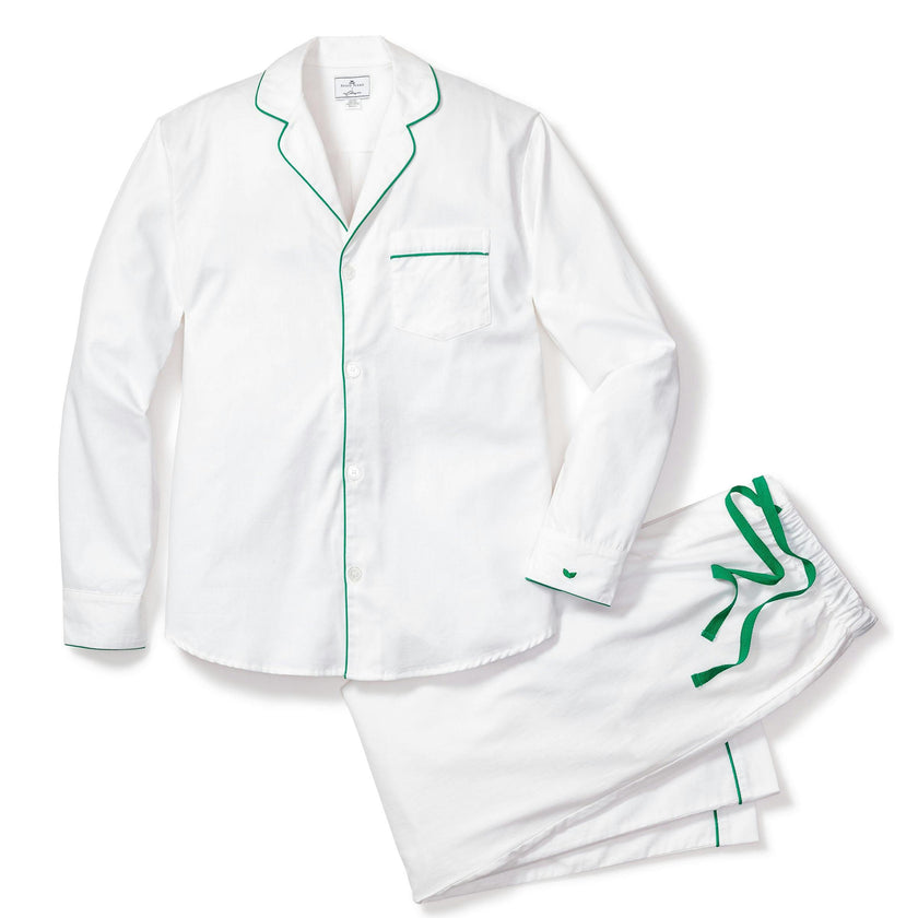Men's Twill Pajama Set in White with Green Piping