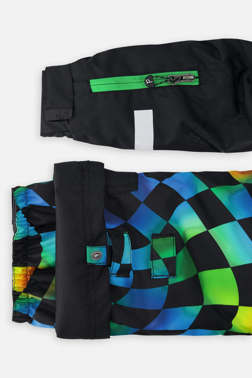 Two Piece Play Snowsuit Black Colorblock With Green Yellow And Blue Checkerboard Pants