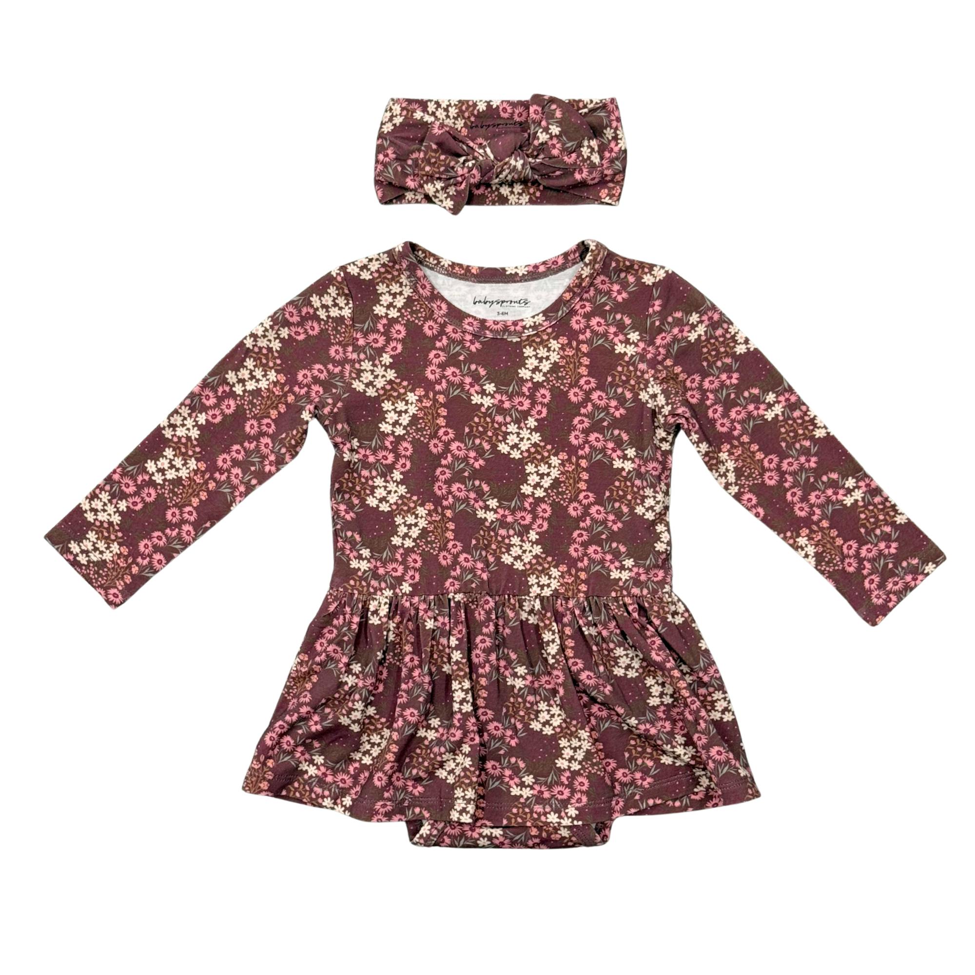 Baby Girl Long Sleeve Bodysuit Dress Set in Cluster Garden Floral