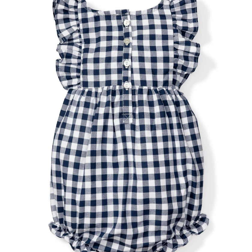 Baby's Twill Ruffled Romper in Navy Gingham