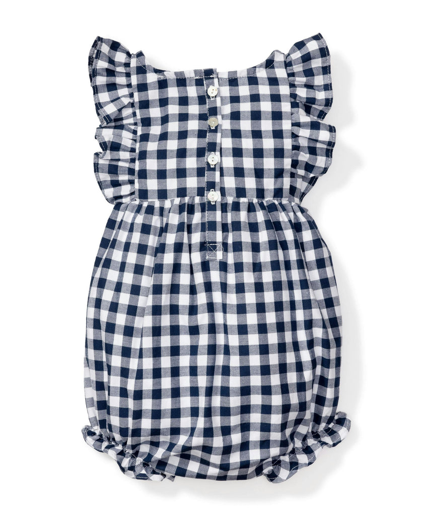 Baby's Twill Ruffled Romper in Navy Gingham