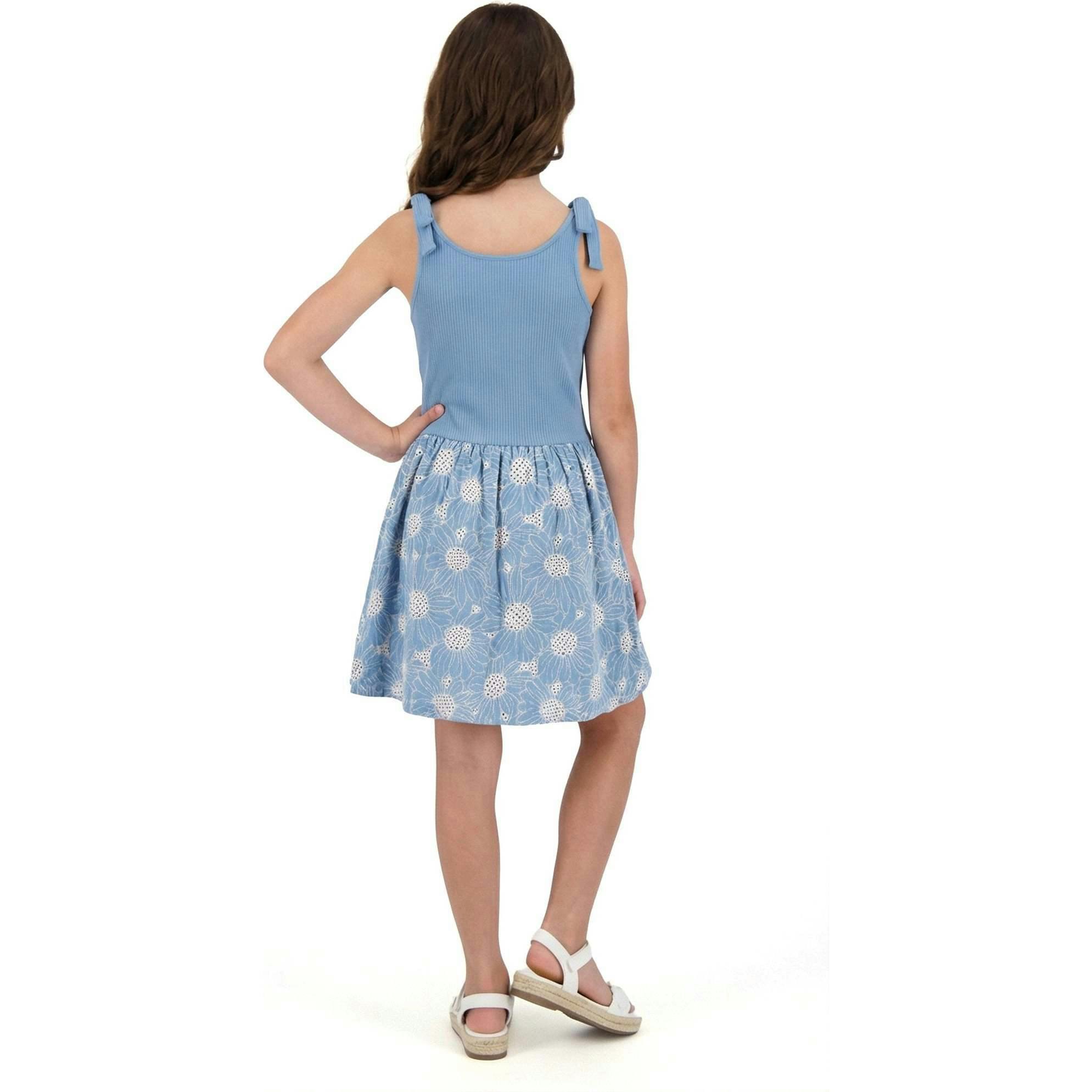 Tween Girls Rib Knit Bow Shoulder Dess | Floral Eyelet