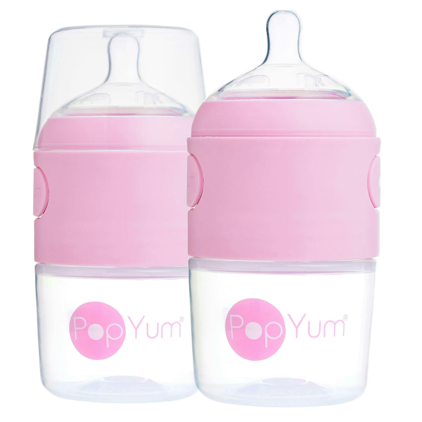PopYum 5 oz Pink Anti-Colic Formula Making/Mixing/Dispenser Baby Bottles, 2-Pack with #1 Slow Flow Nipples