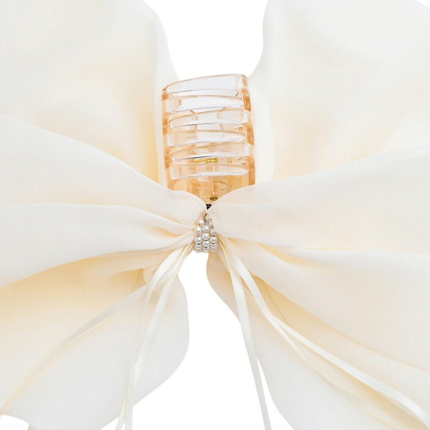 Ivory Chiffon Bow Claw Clip with Rhinestone Center