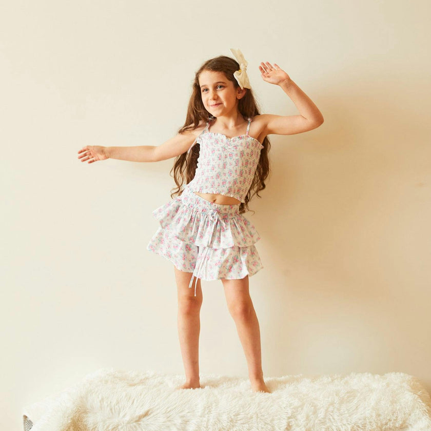 Georgia Romantic Rose White With Pink Satin Smocked Top