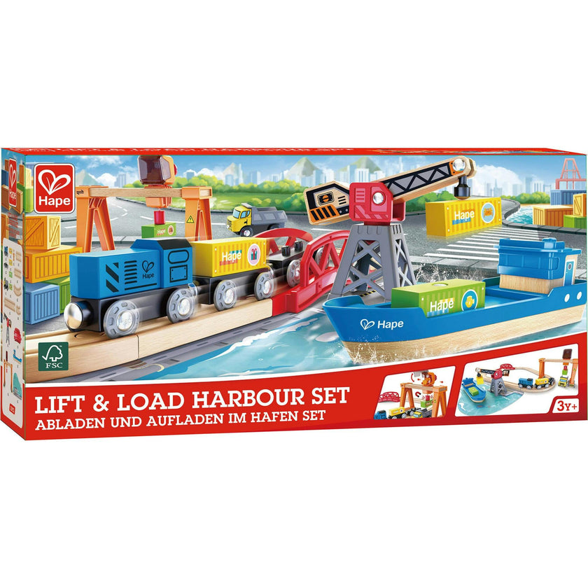 Hape: Lift & Load Harbor Set - 25 pc Land & Water Wooden Train Toy Playset