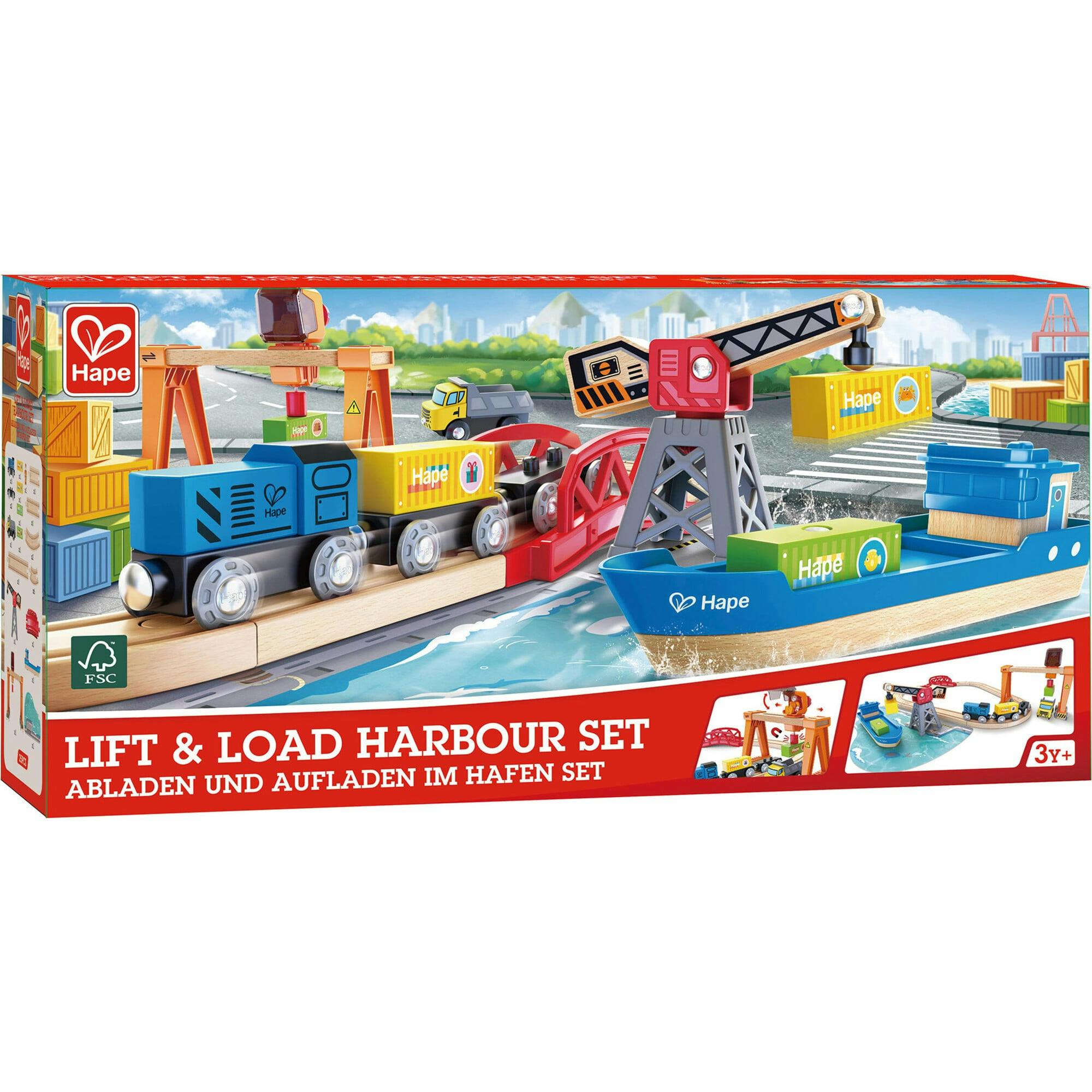 Hape: Lift & Load Harbor Set - 25 pc Land & Water Wooden Train Toy Playset