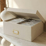 Decorative Photo Storage Box - Sturdy Linen Photo Organizer with Dividers - Stores Up to 850 4x6 Photos - Portable Scrapbook Storage Container with Lid