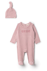 Bebe Brushed Embroidered Snap Front Romper and Hat Two Piece Set