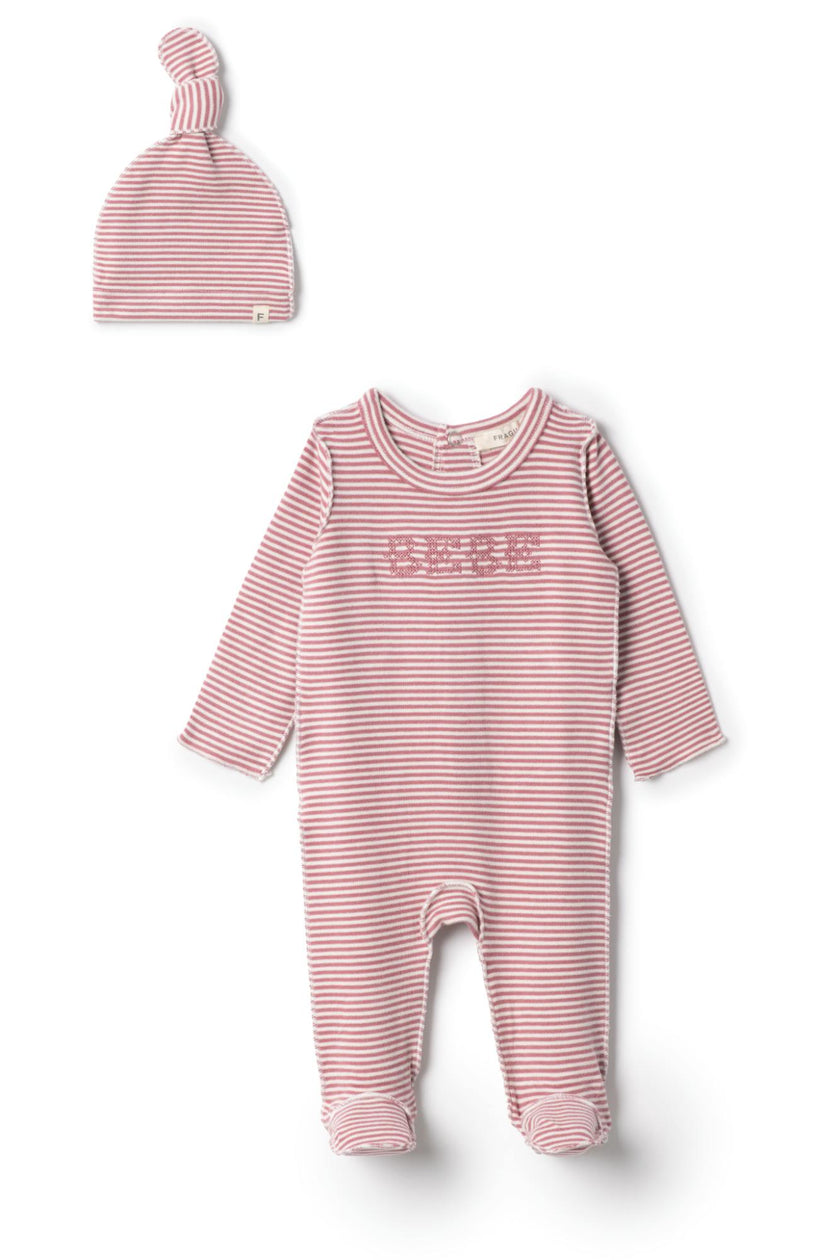 Bebe Brushed Embroidered Snap Front Romper and Hat Two Piece Set