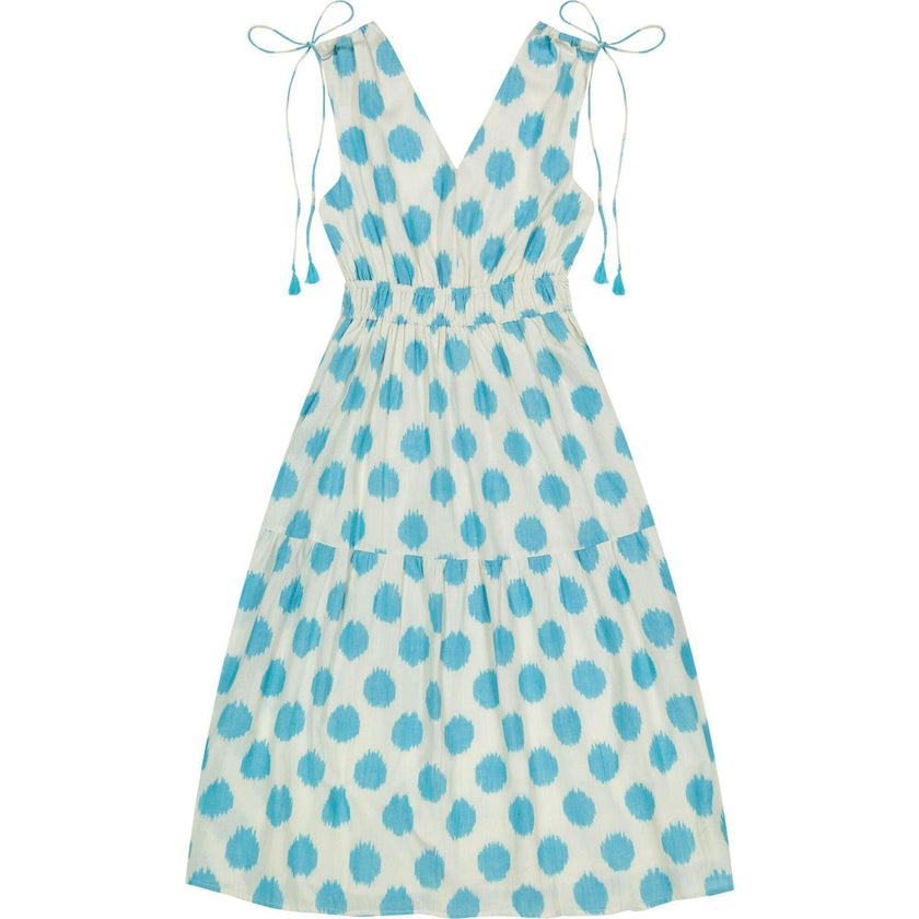 Noemie Women's Ruched Shoulder Tie Maxi Dress Cream Aqua Ikat, Blue