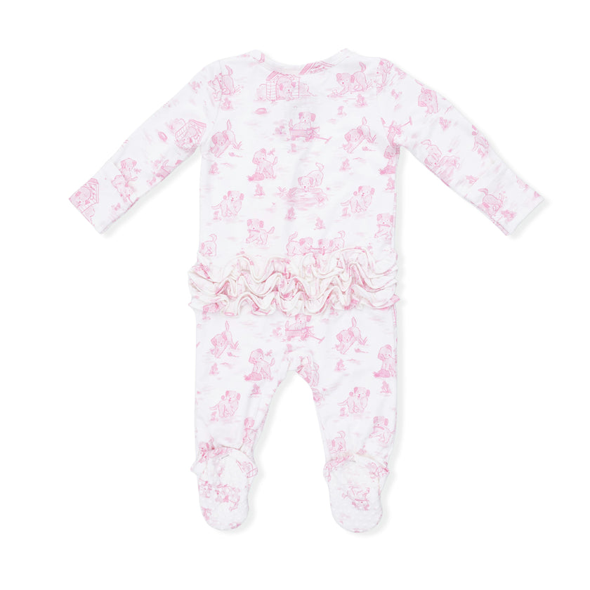 Puppy Toile Pink - 2 Way Ruffle Back Zipper Footie & Swaddle Blanket Set