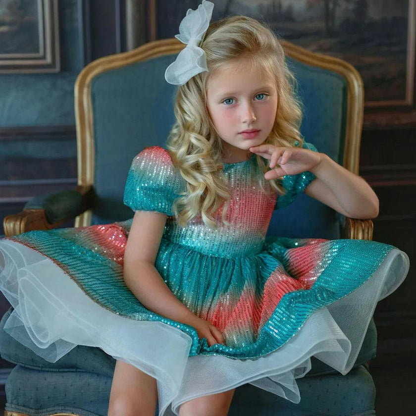 Aqua Sunset Sparkle Sequin Birthday Dress for Girls