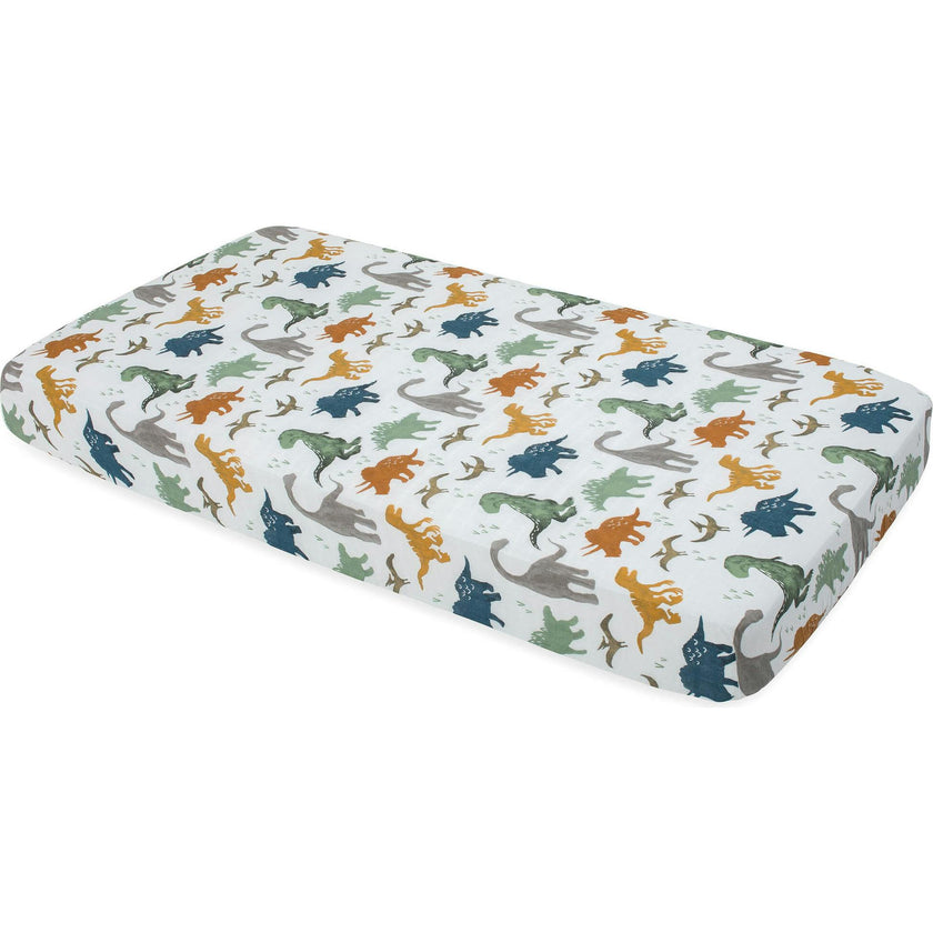Cotton Muslin Crib Sheet - Dino Friends