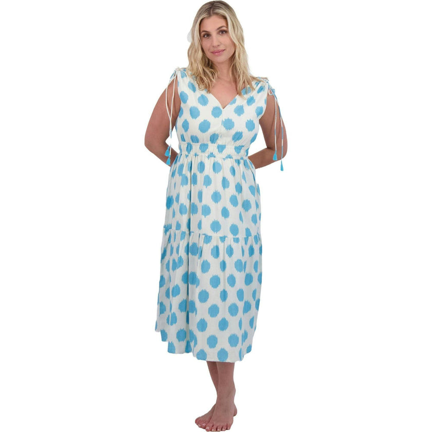 Noemie Women's Ruched Shoulder Tie Maxi Dress Cream Aqua Ikat, Blue