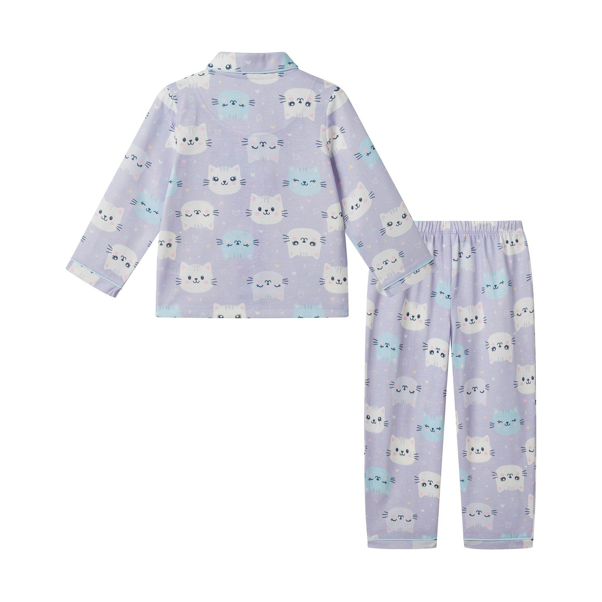 Girls Buttondown Pajama Set | Kitty Cats - Purple