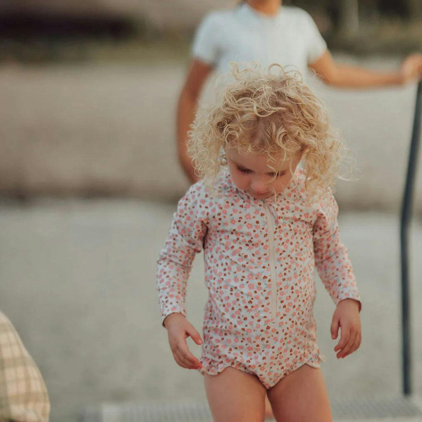 Long Sleeve Rashguard Ruffle Swimsuit | UPF + Recycled - Sunset Meadow