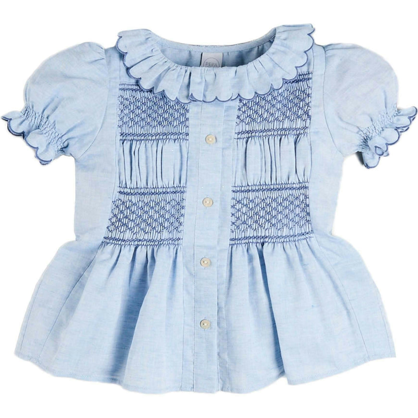 Smocked Peplum Scallop Collar Blouse in Blue (2-12yrs)