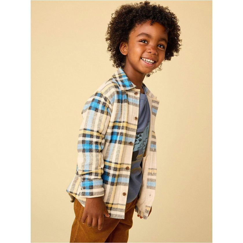French Terry Plaid Shacket, Natural