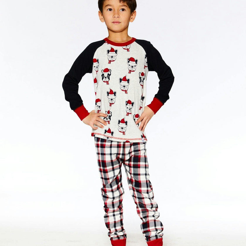 Organic Cotton Printed Dogs Two Piece Pajama Set Oatmeal Mix