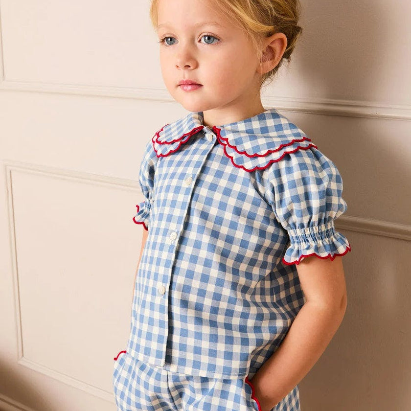 Darby Gingham Scallop Layered Collar Short Sleeve Blouse in Blue (18mths-12yrs)