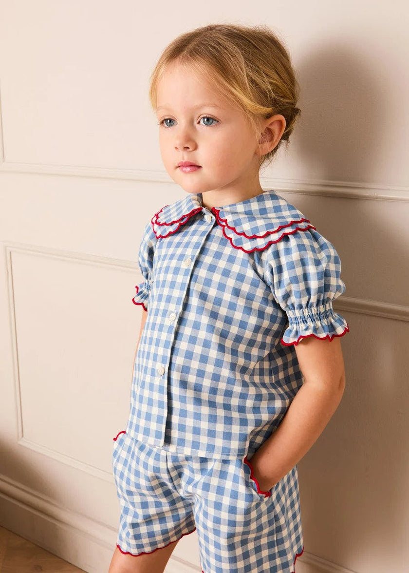 Darby Gingham Scallop Layered Collar Short Sleeve Blouse in Blue (18mths-12yrs)