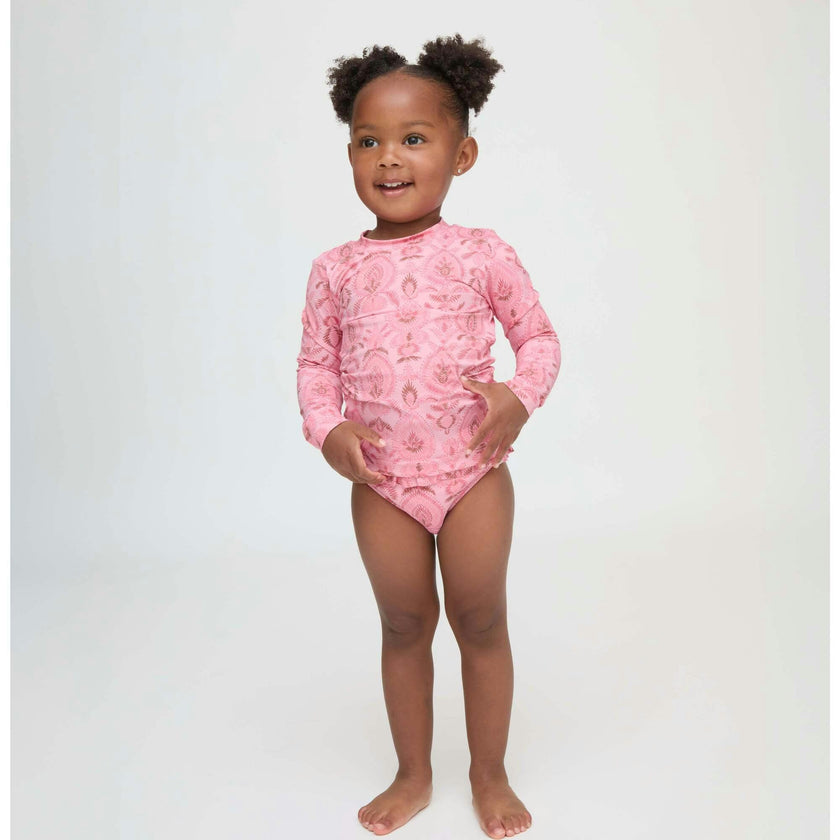 The Tiny Ariel Rashguard Set - Pink Palm Ikat
