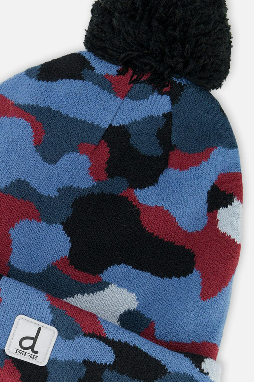 Winter Knit Hat With Pompom Blue And Red Camouflage