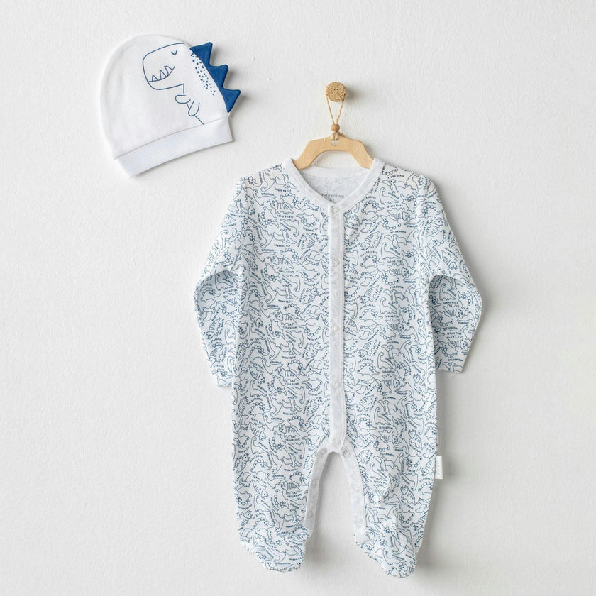 White Jurassic Print Babygrow & Beanie
