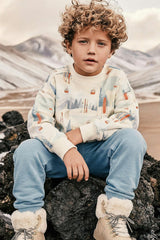 Fleece Sweatshirt Beige Ski Print