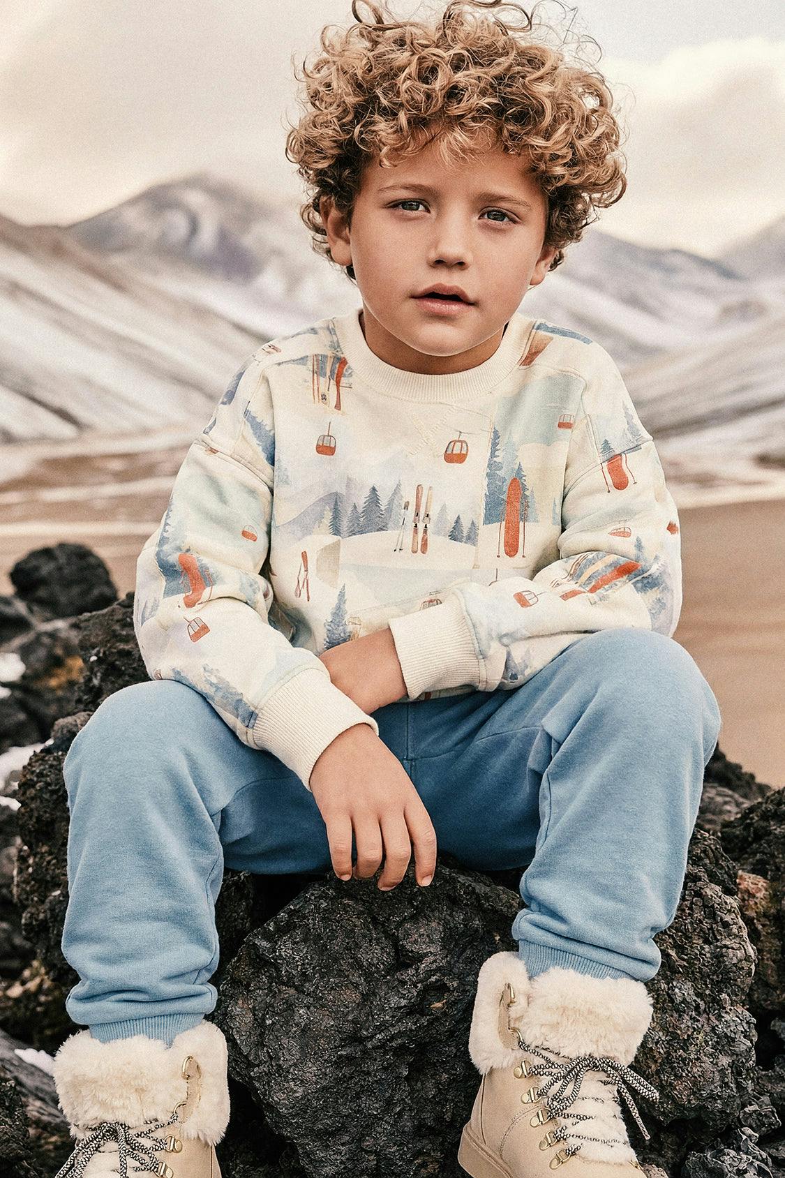 Fleece Sweatshirt Beige Ski Print